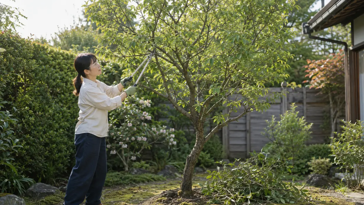 庭木を残しながら不要な枝を切る剪定作業