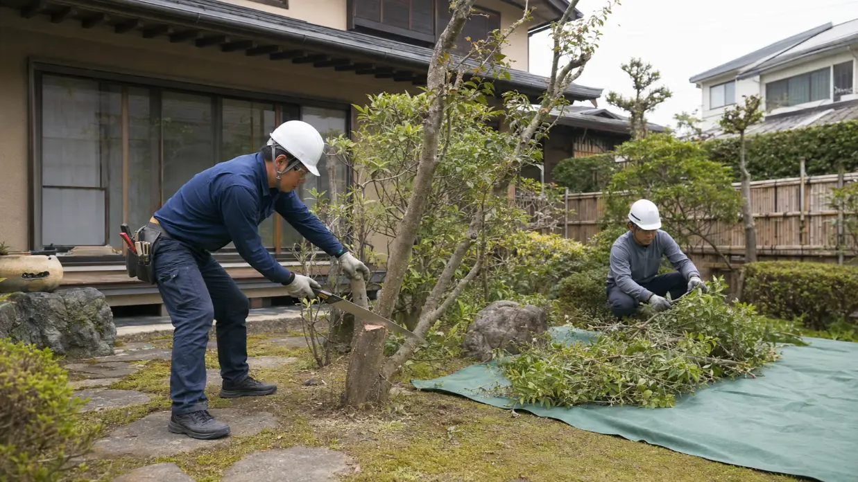 一般住宅の庭木を伐採して枝を片付ける造園業者