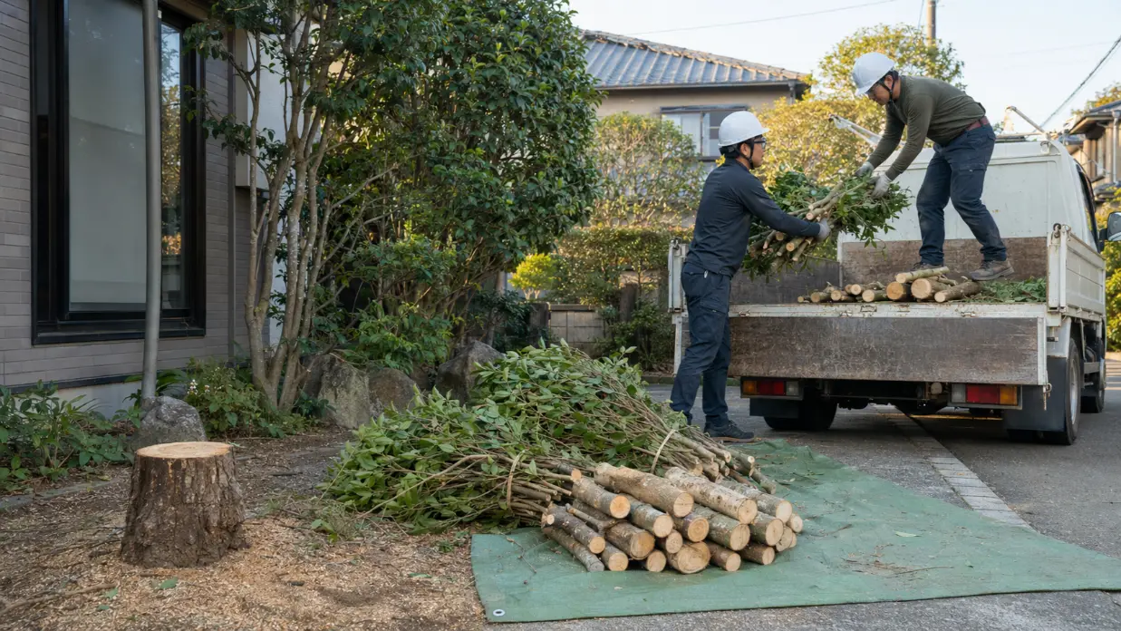 庭木伐採後の枝と幹を分別してトラックへ搬出する業者