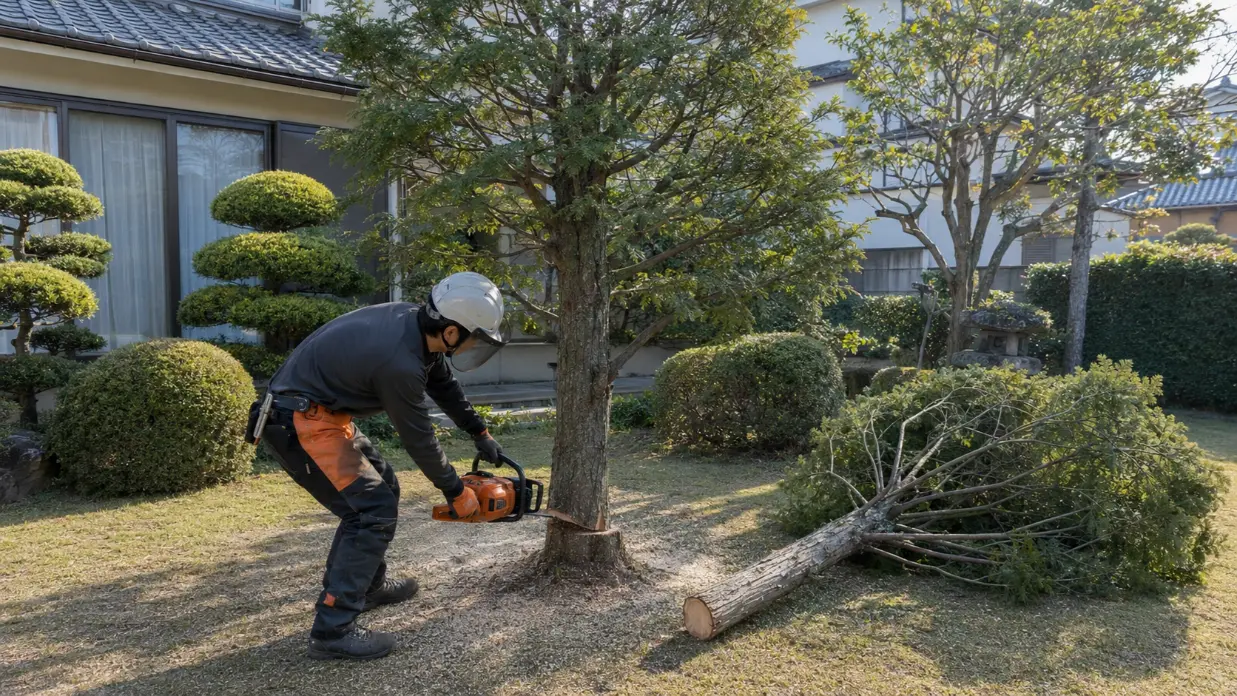 庭木を根元付近から切り倒す伐採作業