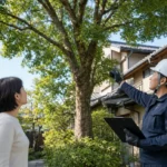 住宅に近い庭木を確認しながら伐採業者へ相談する依頼主