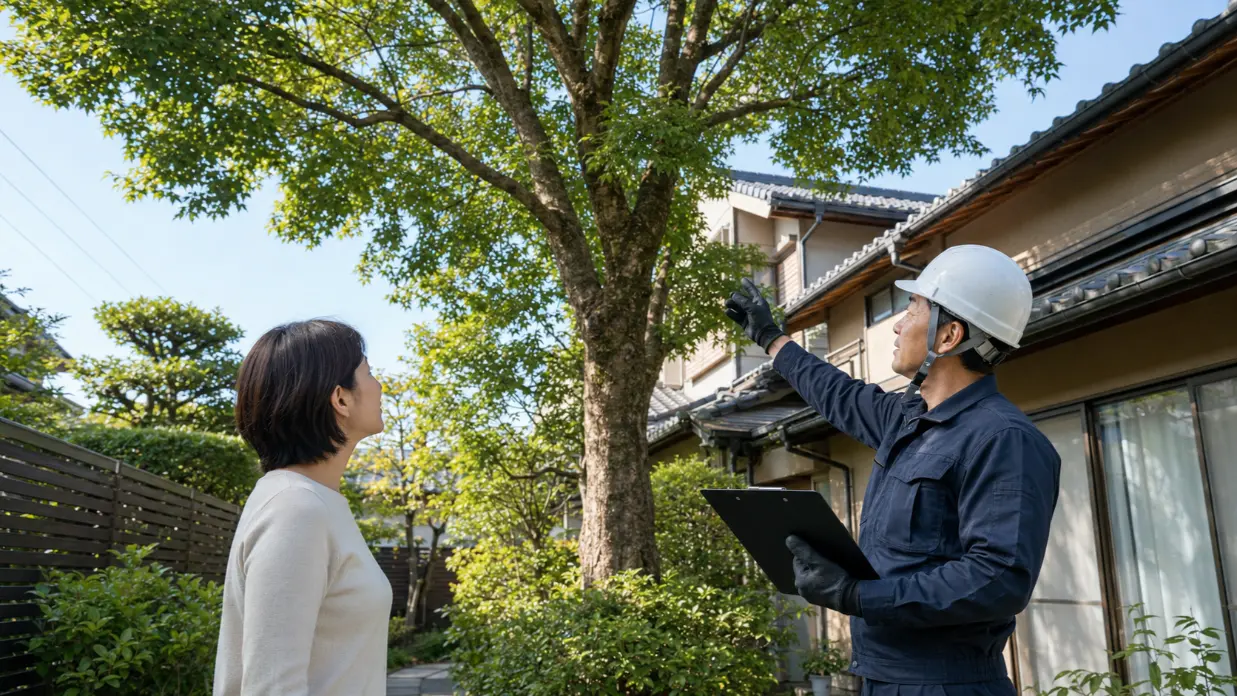 住宅に近い庭木を確認しながら伐採業者へ相談する依頼主