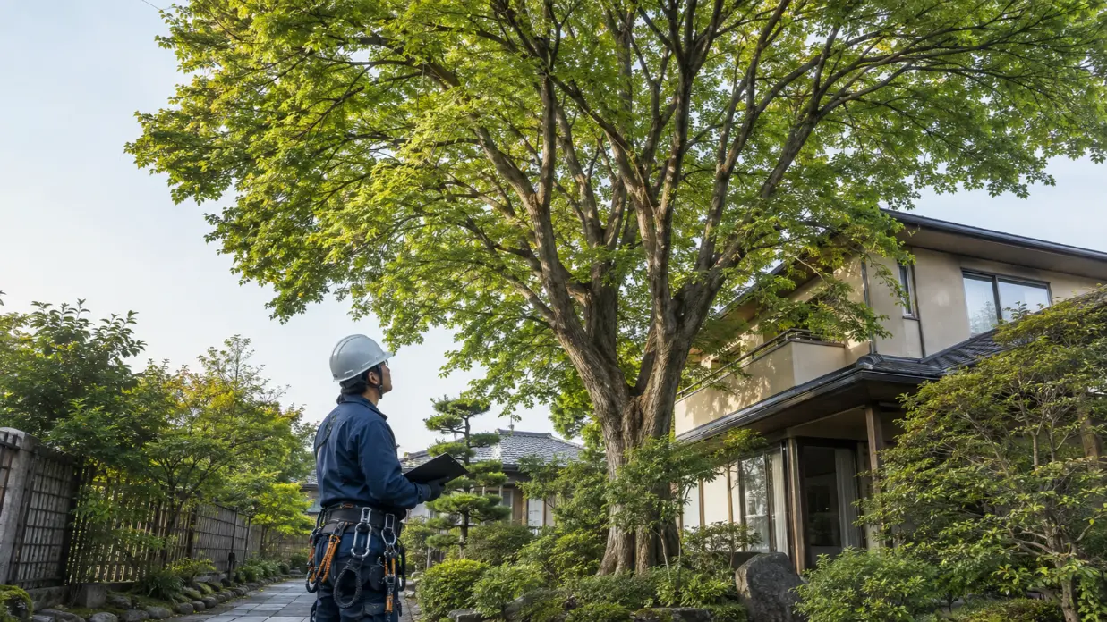 住宅より高く育った庭木を確認し伐採費用を見積もる専門業者
