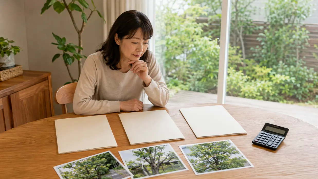庭木の写真を確認しながら複数業者の伐採費用見積もりを比較する女性