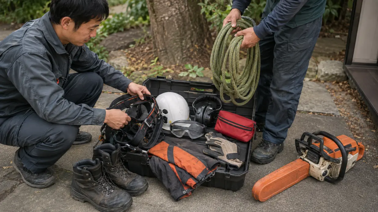 伐採作業前にロープやヘルメットなどの安全装備を点検する作業員